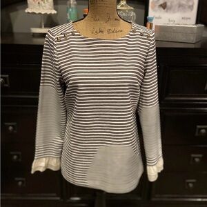 Talbots Black and White Striped Top with Button Detail Lace